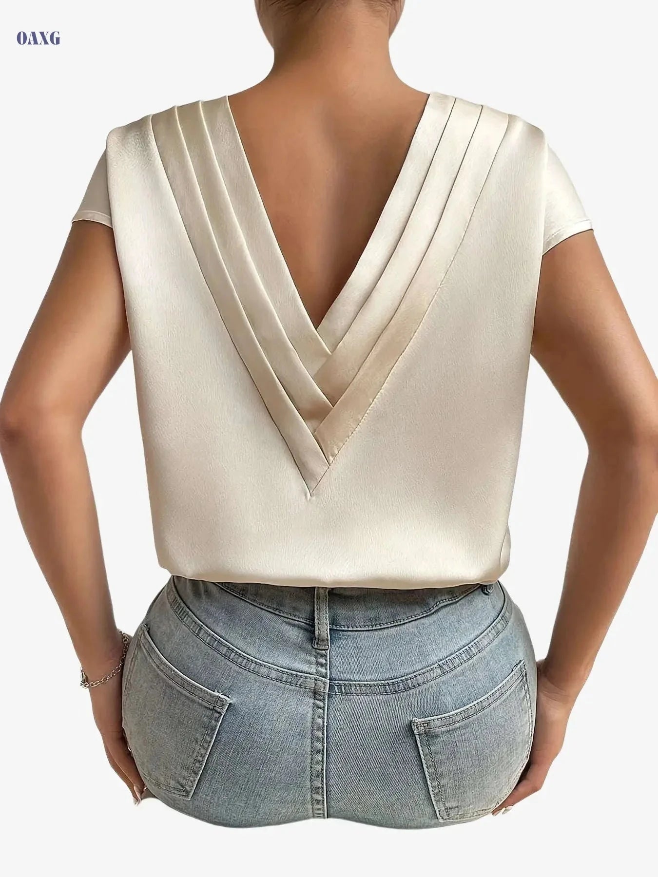Elegant V-Neck Blouse for Women - Perfect Loose Fit for Summer   OAXG Apricot / S