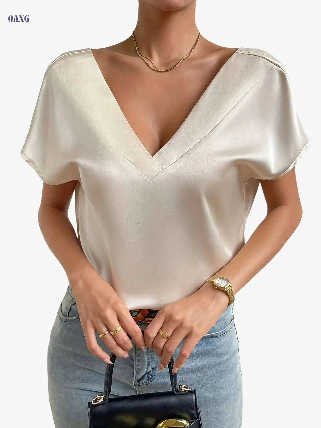Elegant V-Neck Blouse for Women - Perfect Loose Fit for Summer   OAXG Apricot / S