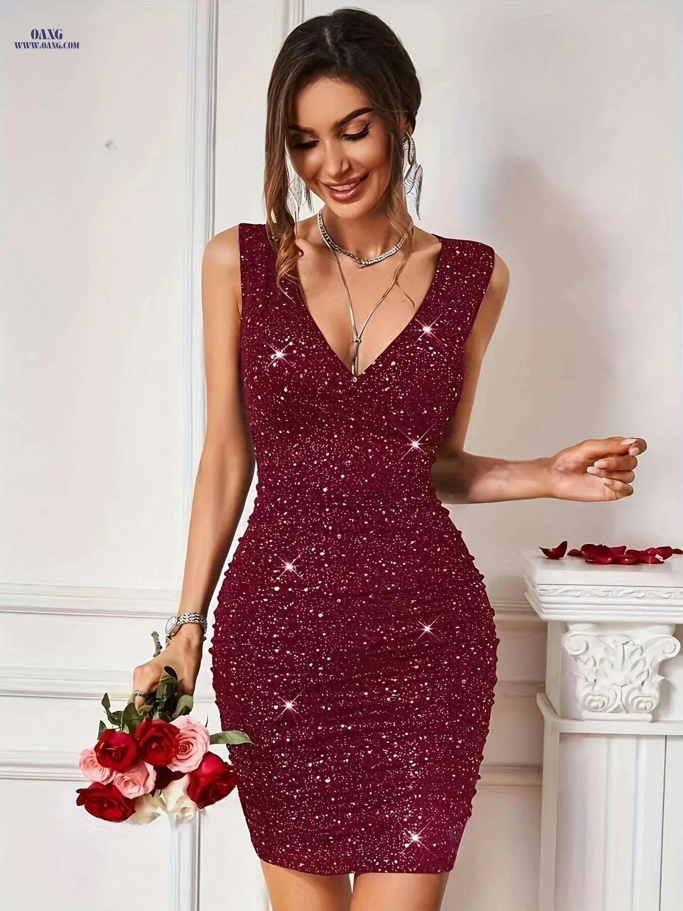 Elegant V-Neck Bodycon Dress - Sleeveless Polyester Cocktail Dress   OAXG Black / S