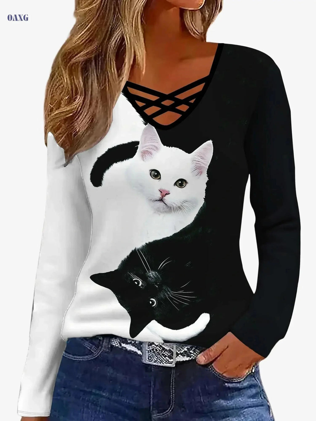 Elegant V-Neck Cat Print Top - Stylish Long Sleeve T-Shirt for Women   OAXG Mixed Color / S