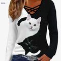 Elegant V-Neck Cat Print Top - Stylish Long Sleeve T-Shirt for Women   OAXG Mixed Color / S