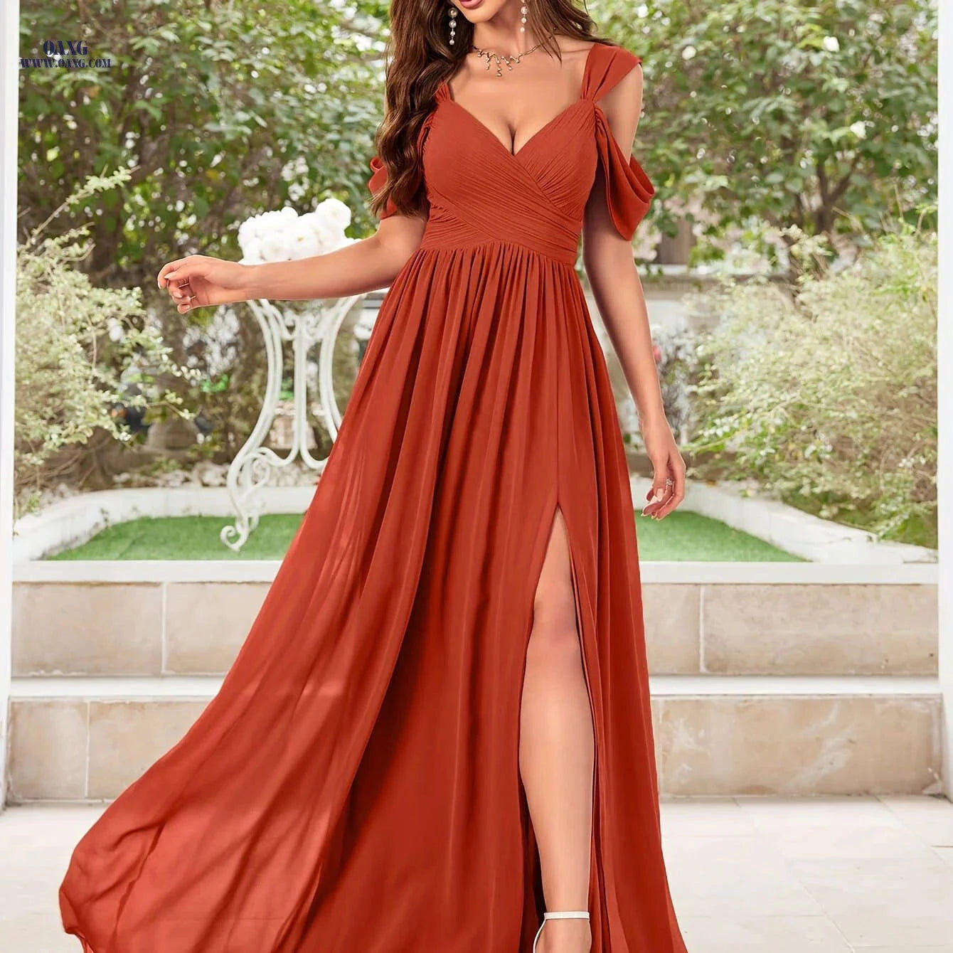 Elegant V-Neck Chiffon Dress - High Slit, Full Skirt for Bridesmaids   OAXG 