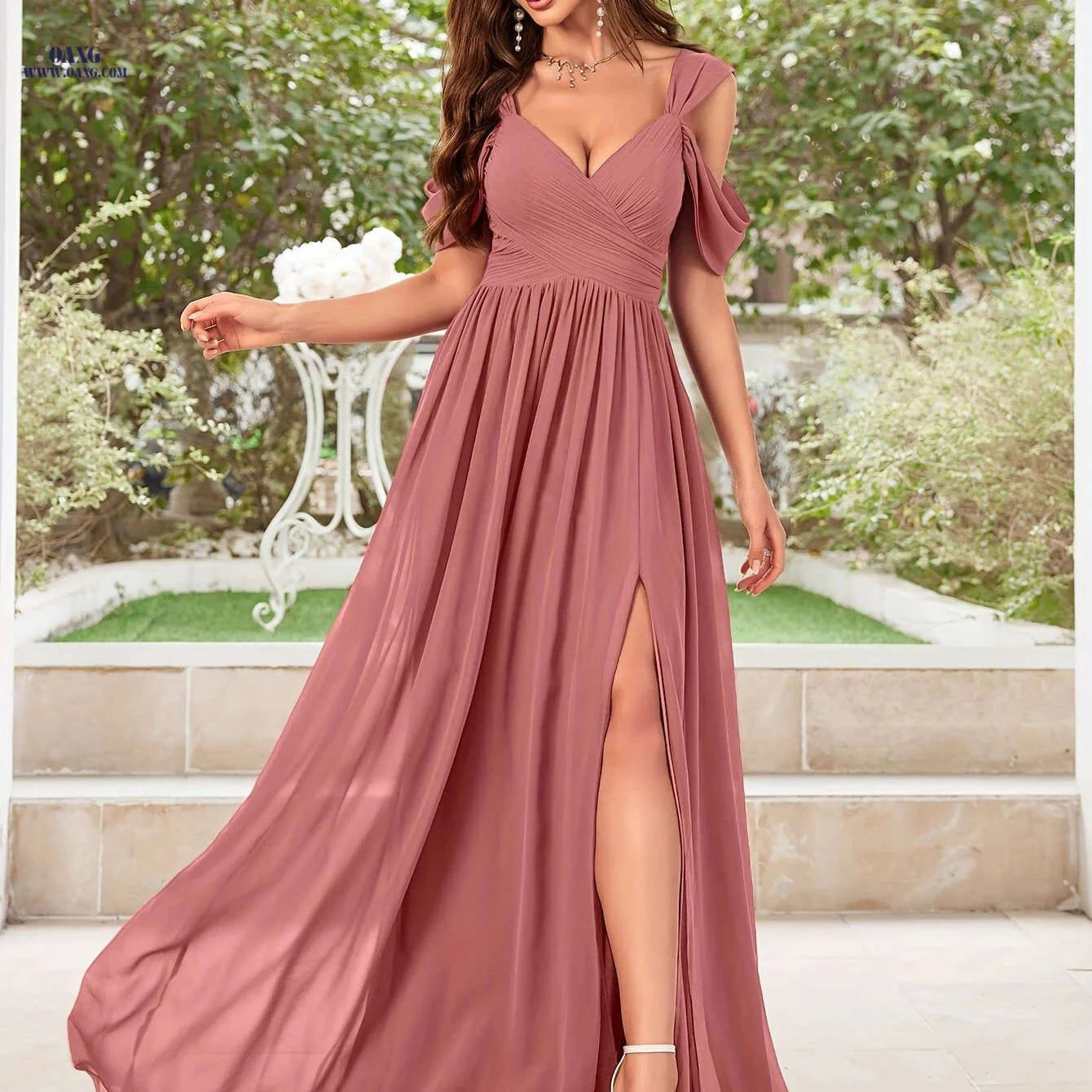 Elegant V-Neck Chiffon Dress - High Slit, Full Skirt for Bridesmaids   OAXG 