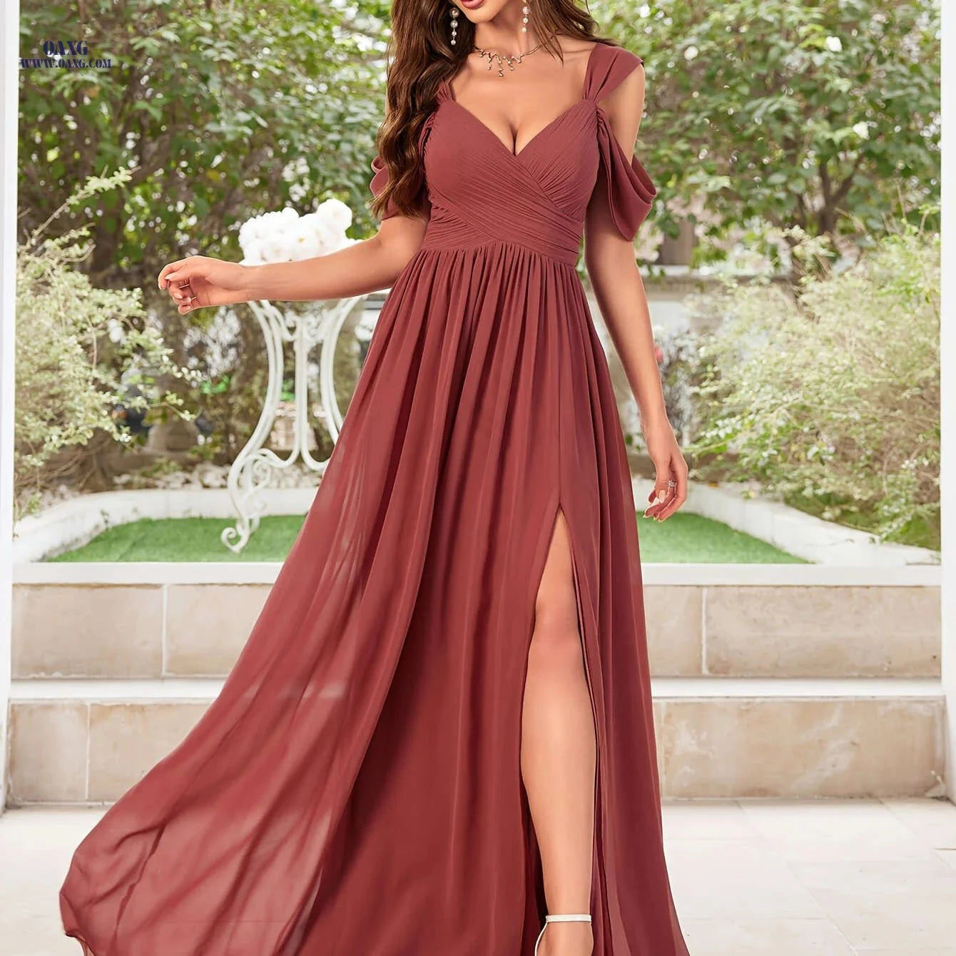 Elegant V-Neck Chiffon Dress - High Slit, Full Skirt for Bridesmaids   OAXG 