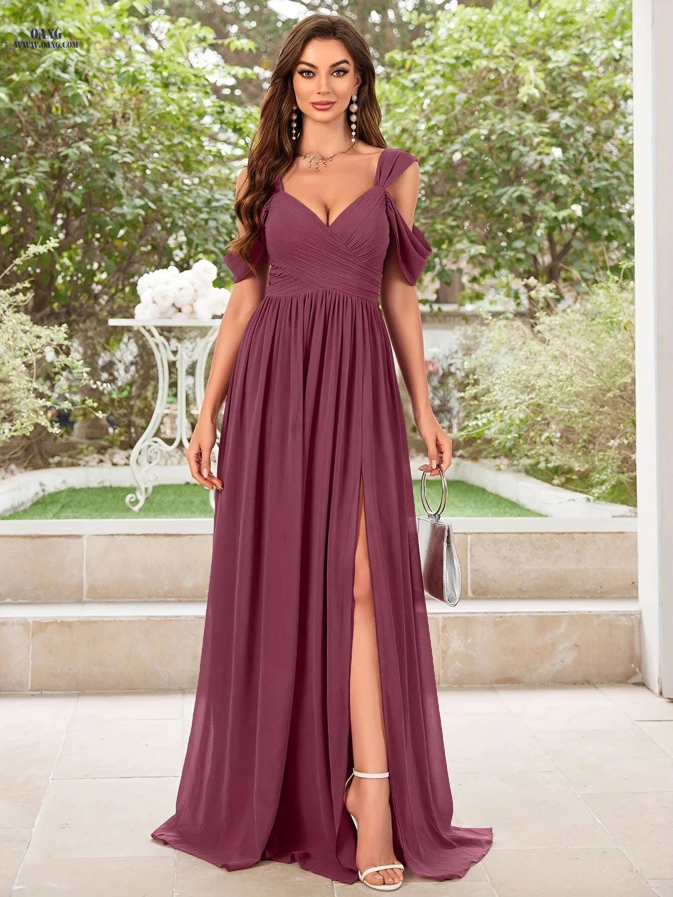 Elegant V-Neck Chiffon Dress - High Slit, Full Skirt for Bridesmaids   OAXG 