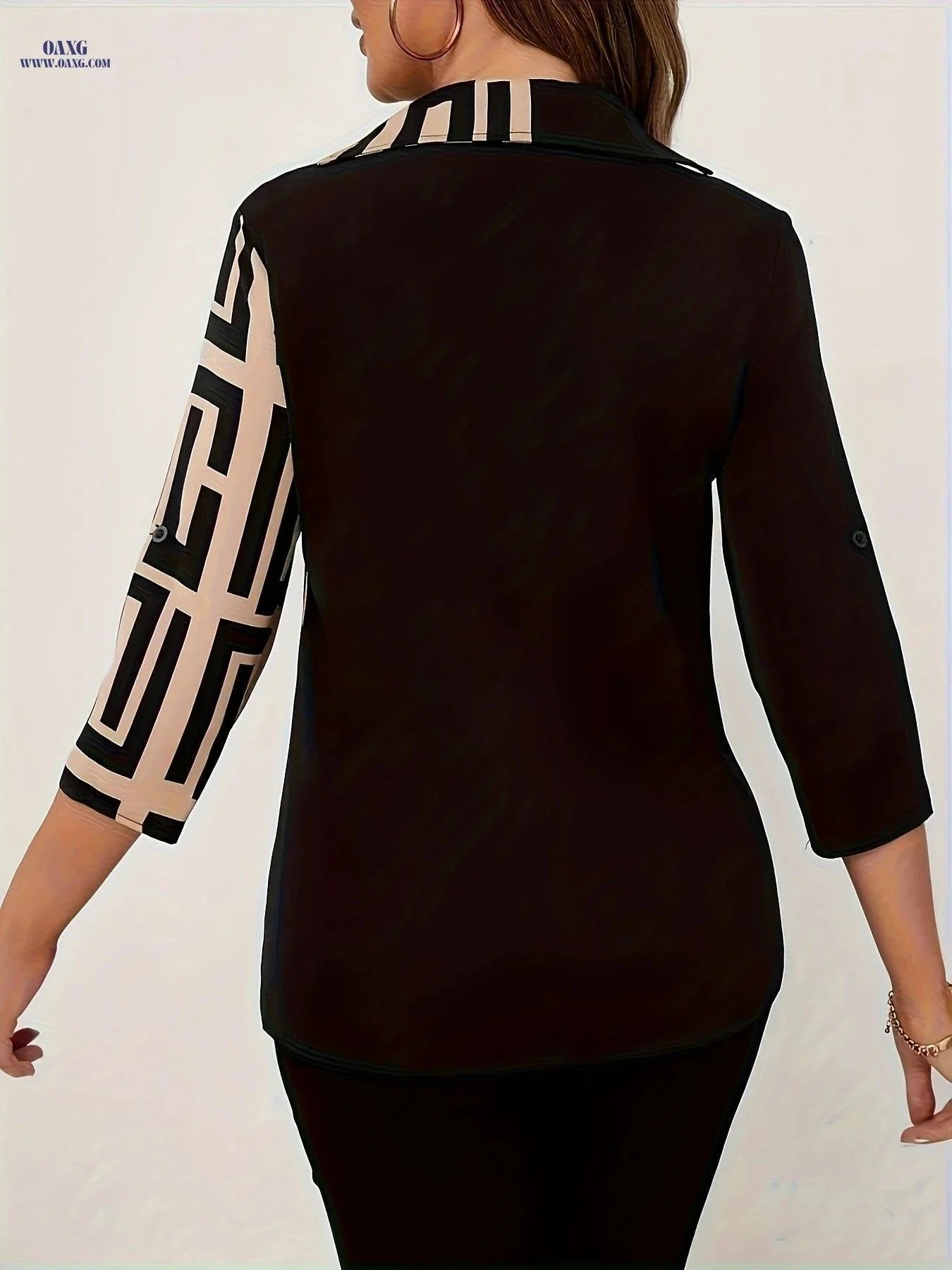 Elegant V-Neck Color Block Shirt - Geometric Patterned Top for Fall   OAXG Black / S