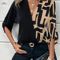 Elegant V-Neck Color Block Shirt - Geometric Patterned Top for Fall   OAXG Black / S