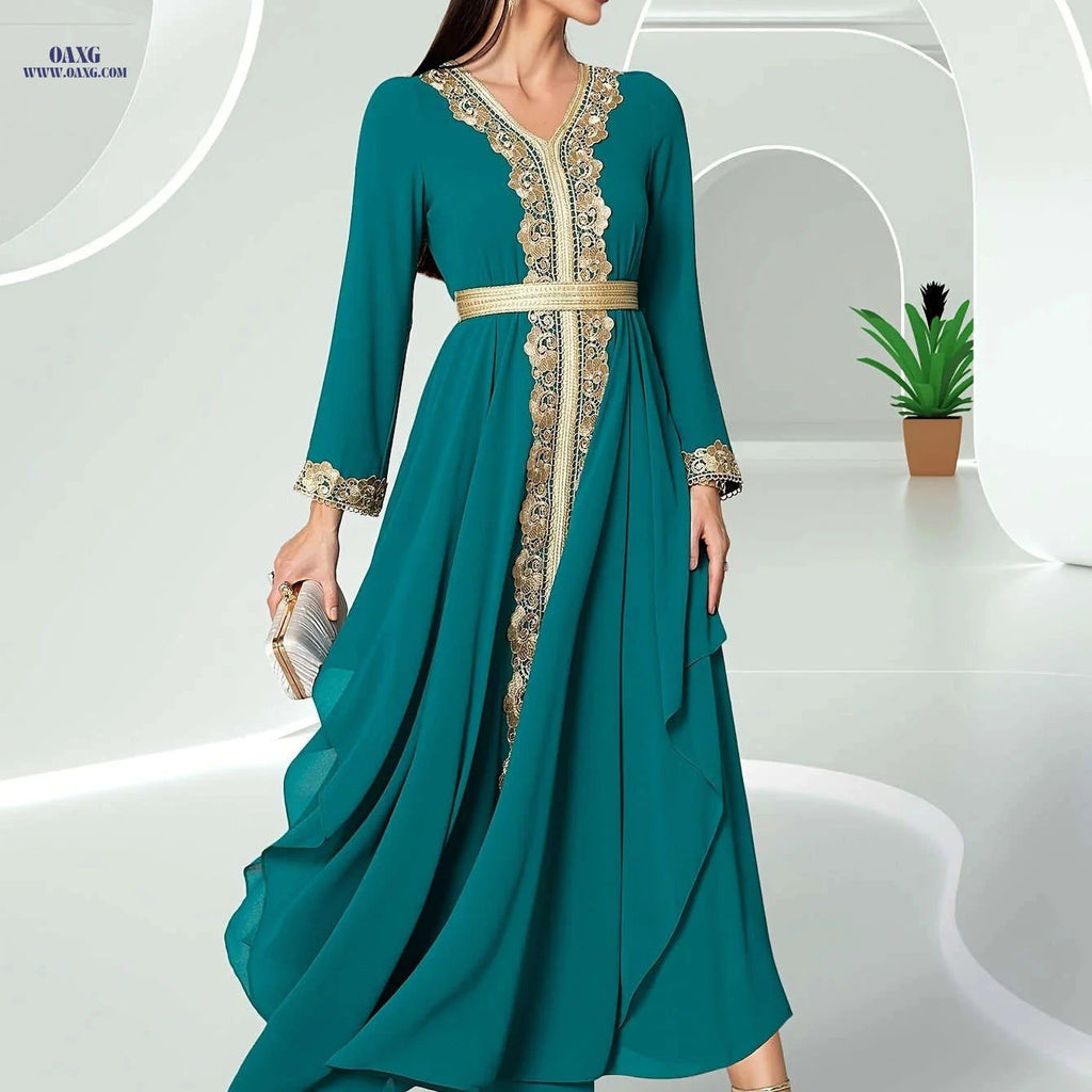 Elegant V-Neck Double-Layer Chiffon Lace Dress - Long Sleeve Style   OAXG 