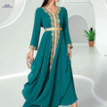 Elegant V-Neck Double-Layer Chiffon Lace Dress - Long Sleeve Style   OAXG 