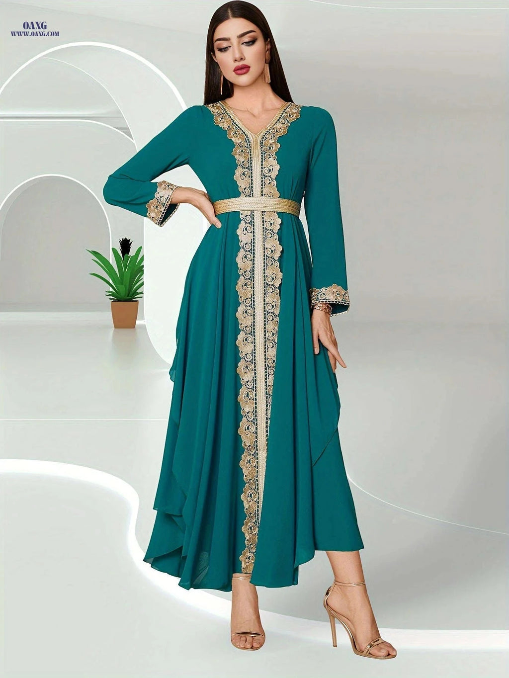 Elegant V-Neck Double-Layer Chiffon Lace Dress - Long Sleeve Style   OAXG 