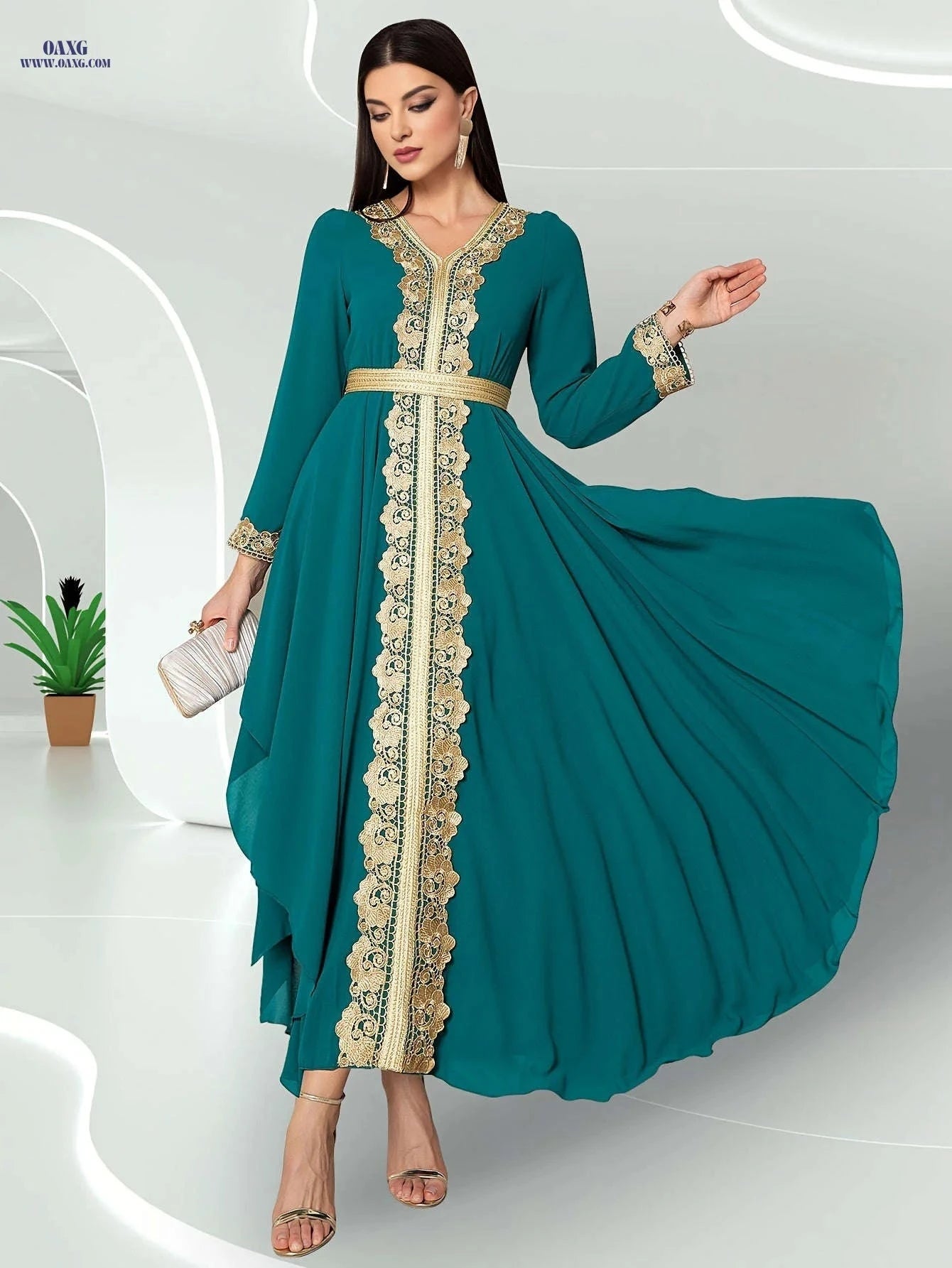 Elegant V-Neck Double-Layer Chiffon Lace Dress - Long Sleeve Style   OAXG Lake Blue / S