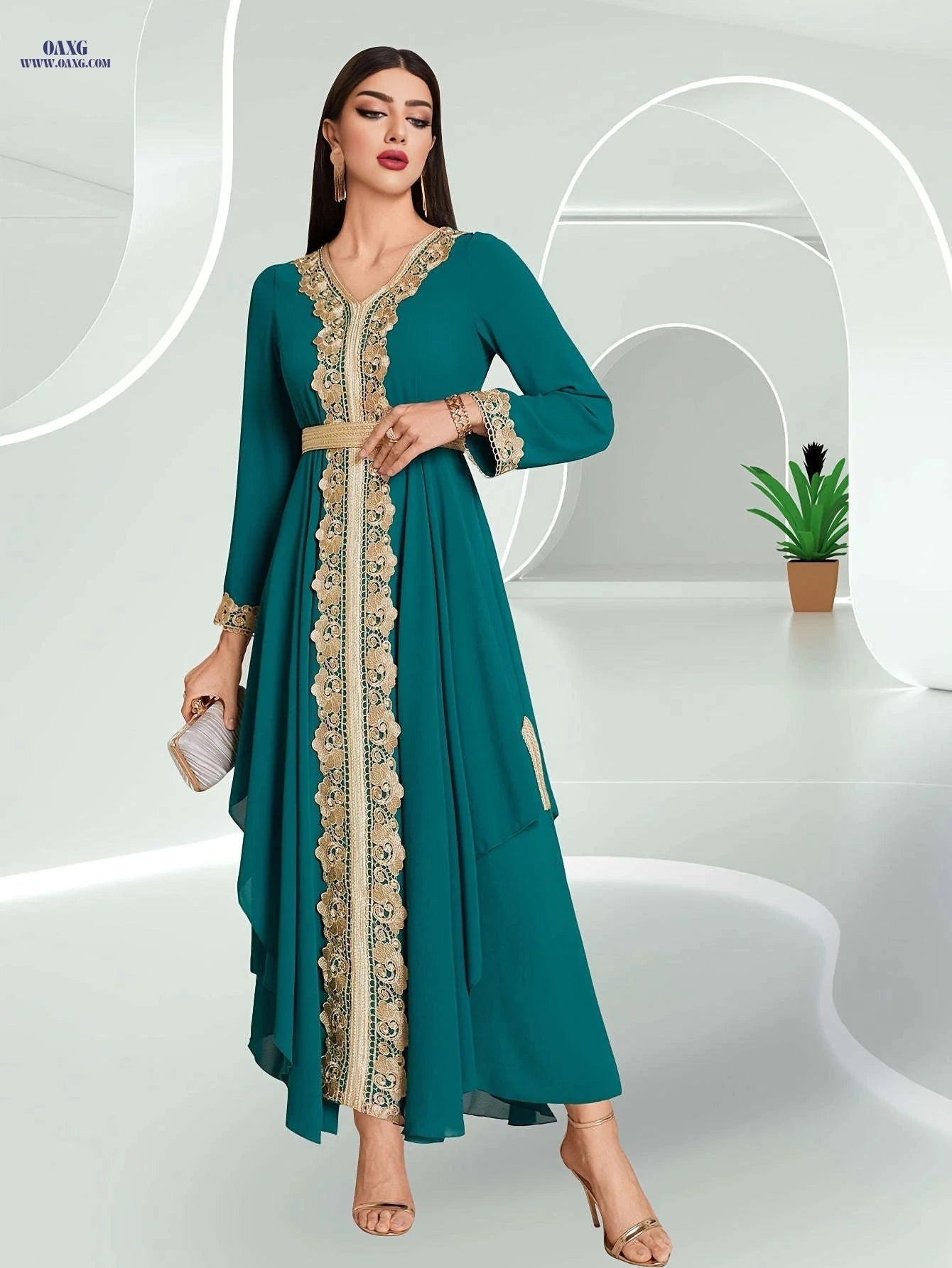 Elegant V-Neck Double-Layer Chiffon Lace Dress - Long Sleeve Style   OAXG Lake Blue / S