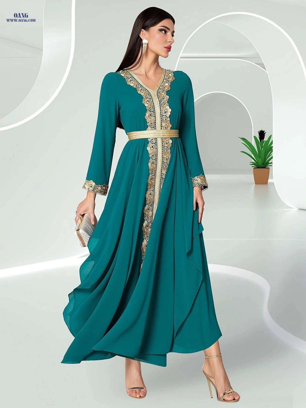 Elegant V-Neck Double-Layer Chiffon Lace Dress - Long Sleeve Style   OAXG 