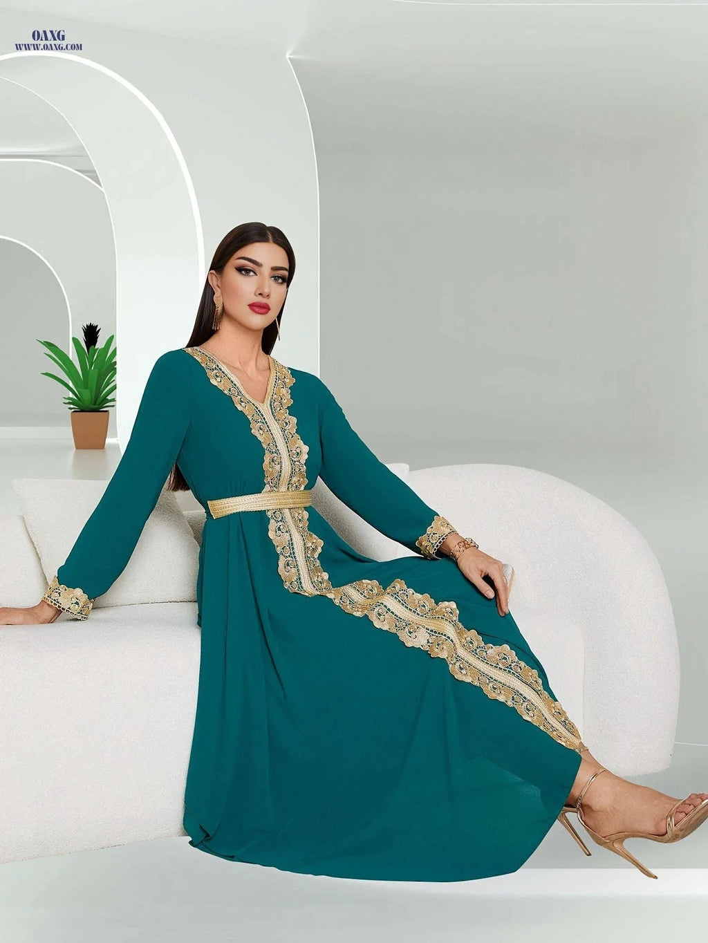 Elegant V-Neck Double-Layer Chiffon Lace Dress - Long Sleeve Style   OAXG 