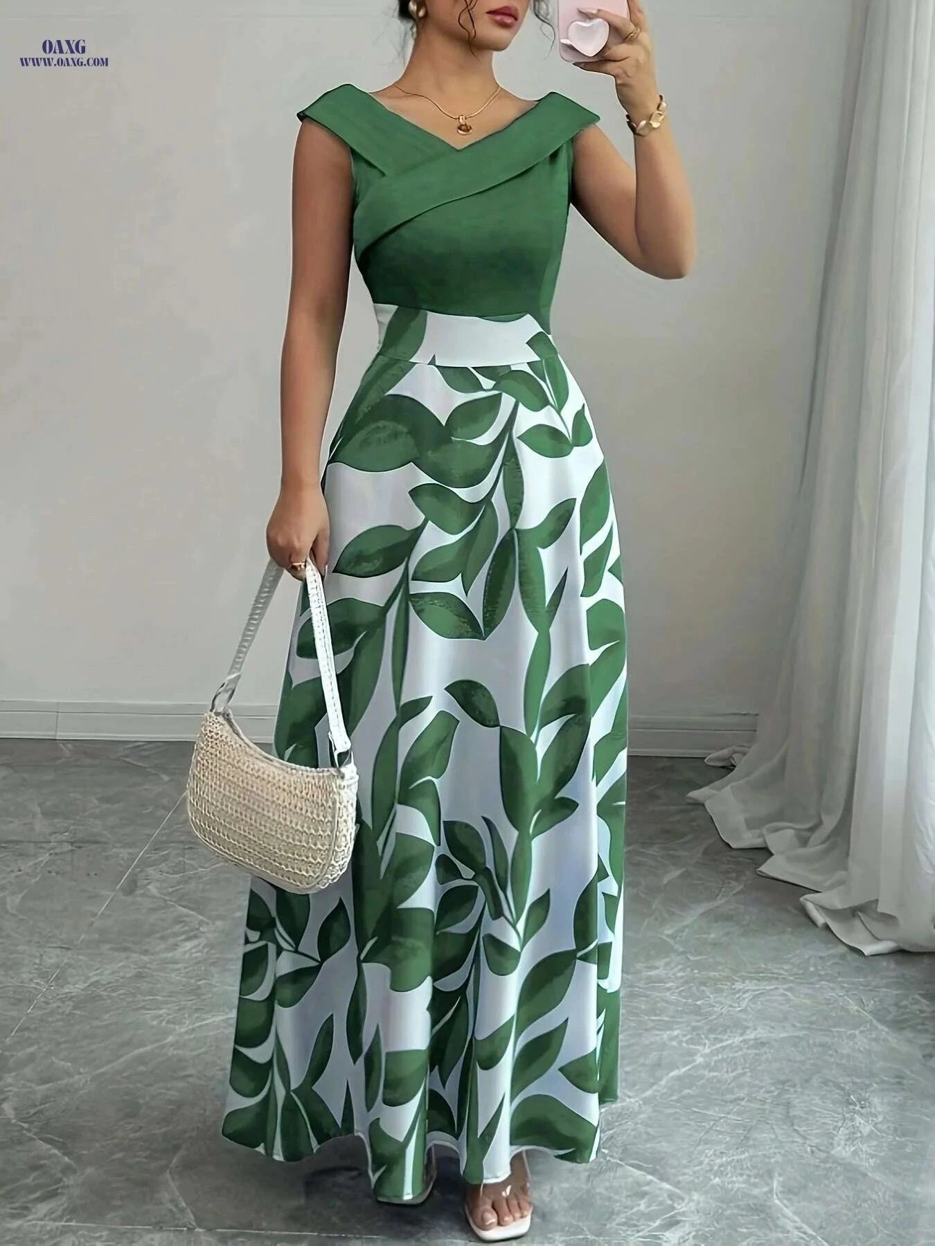 Elegant V-Neck Floral A-Line Maxi Dress with Pockets for Summer   OAXG Blue / S