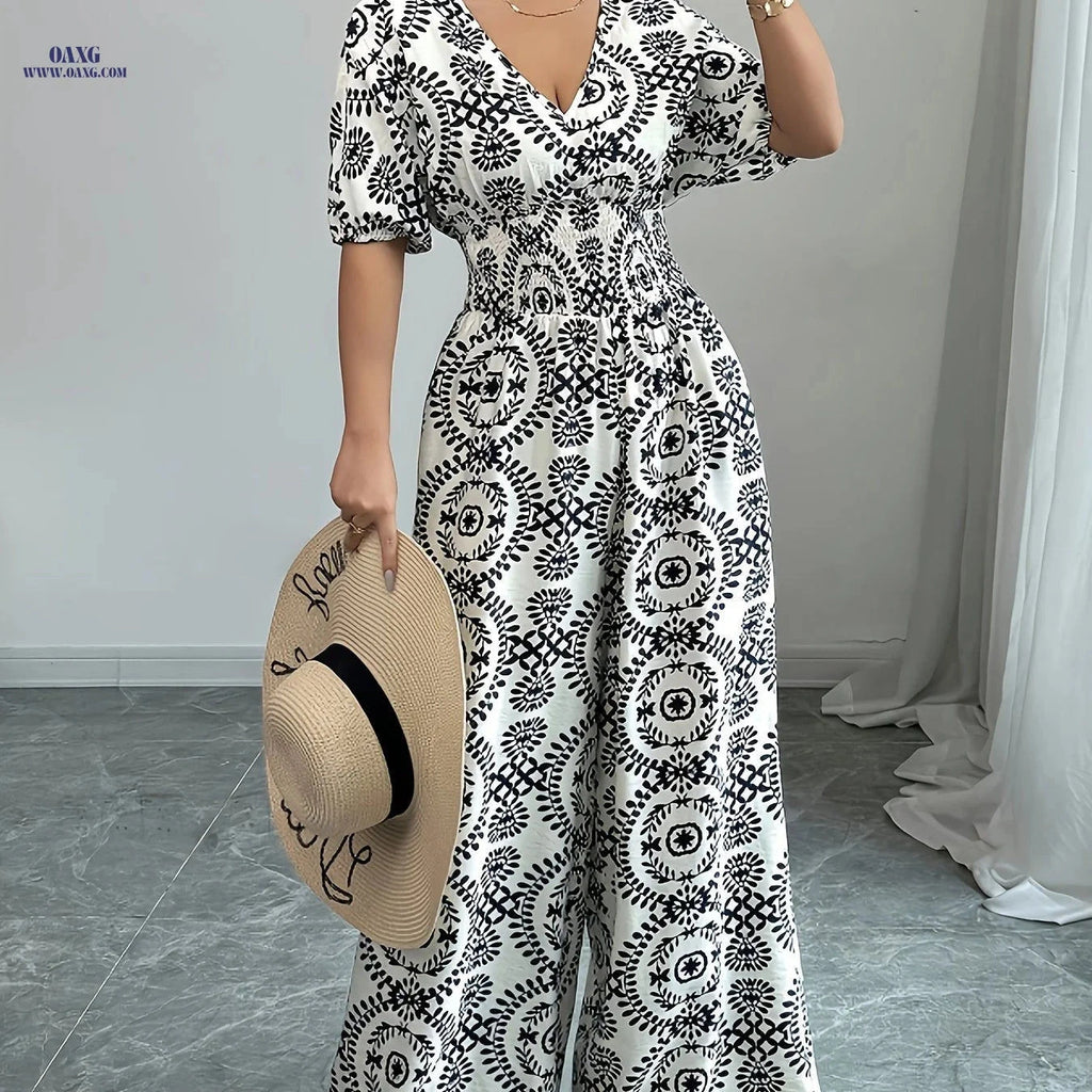 Elegant V-Neck Floral Jumpsuit - Women's Spring/Summer Collection   OAXG 