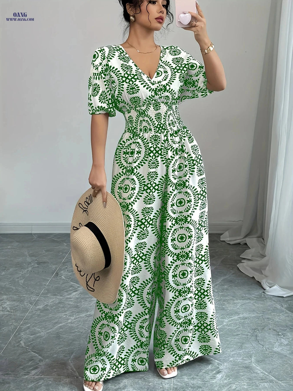 Elegant V-Neck Floral Jumpsuit - Women's Spring/Summer Collection   OAXG Black / S