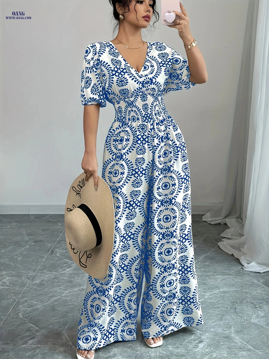 Elegant V-Neck Floral Jumpsuit - Women's Spring/Summer Collection   OAXG Black / S