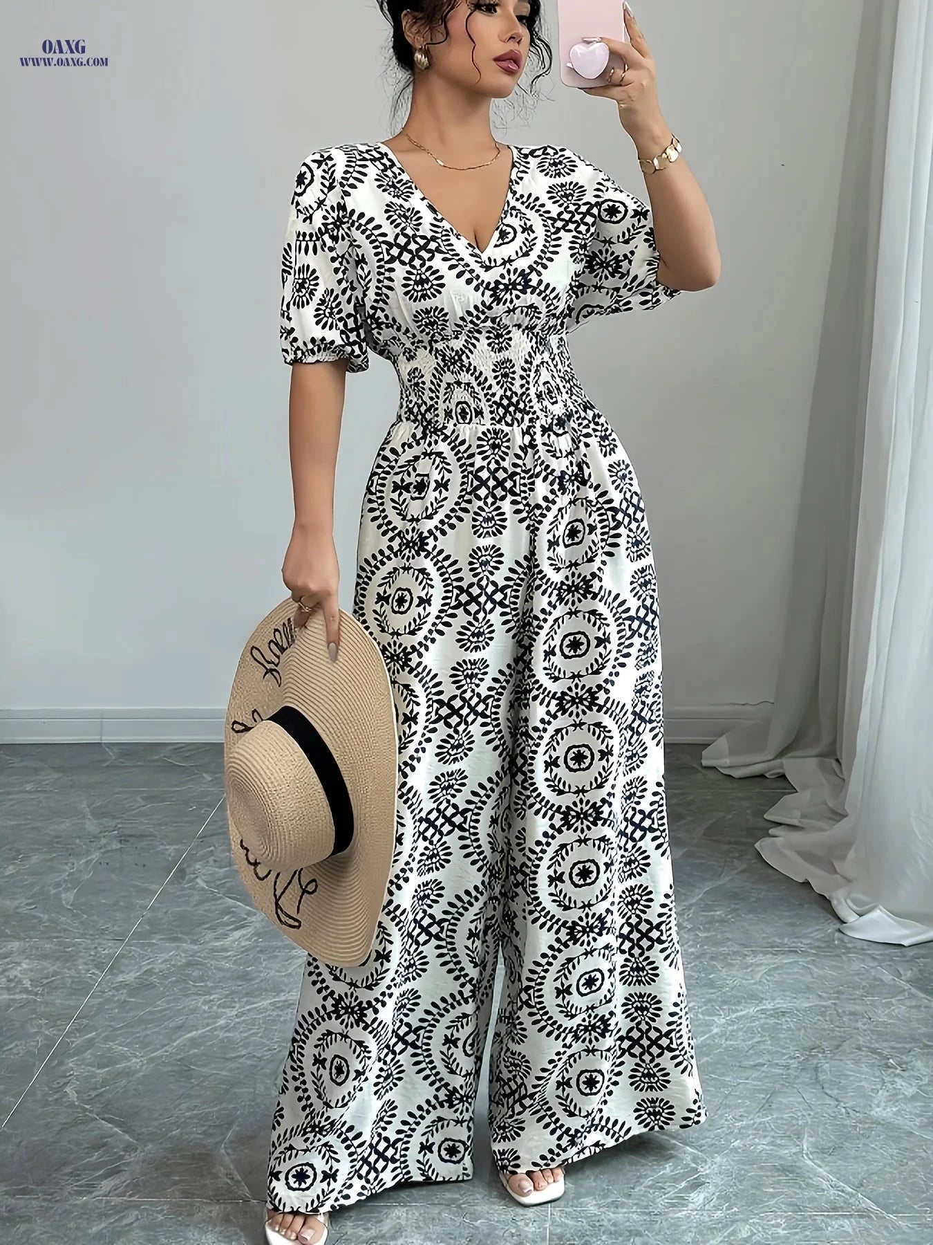 Elegant V-Neck Floral Jumpsuit - Women's Spring/Summer Collection   OAXG Black / S