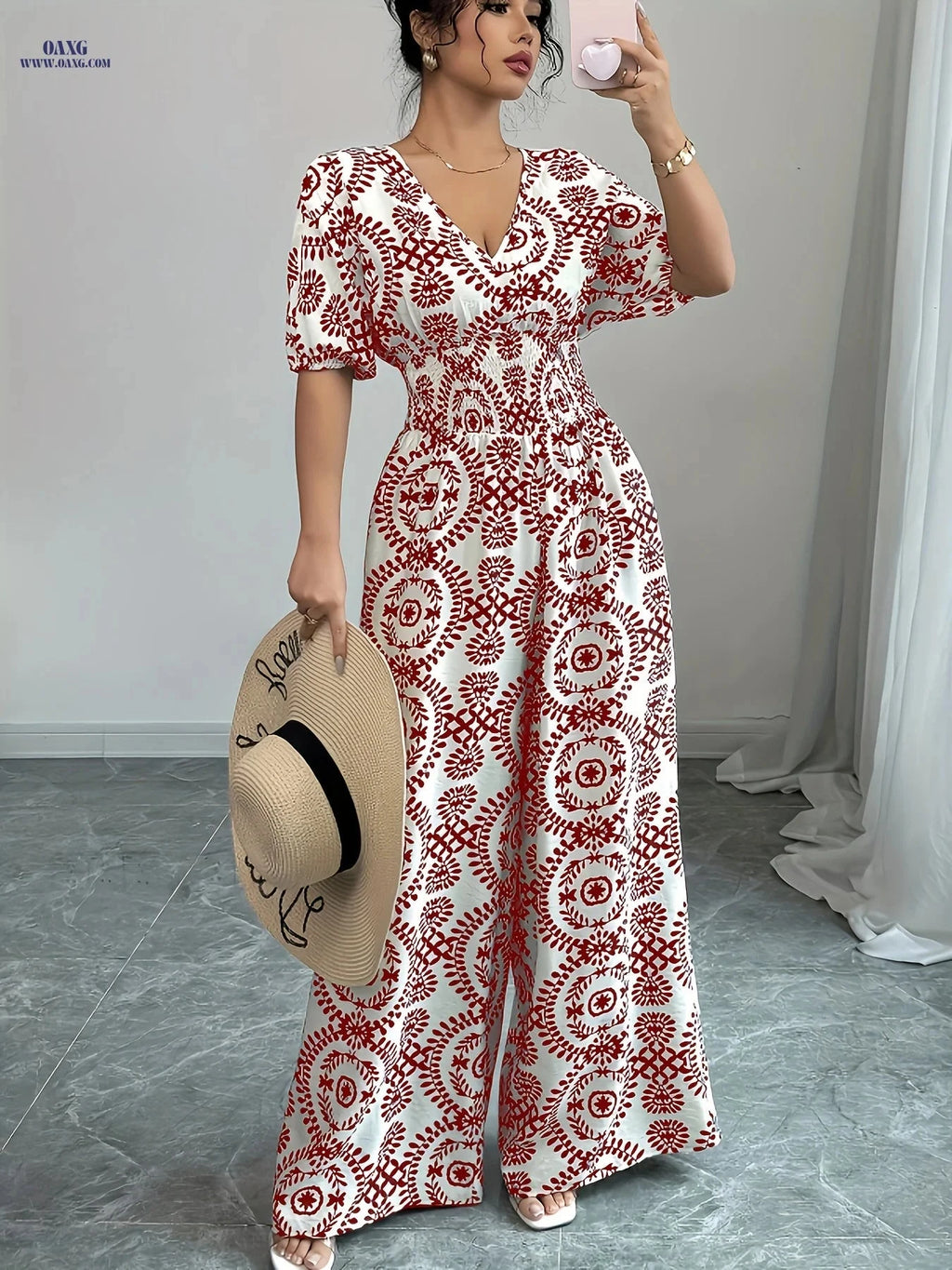 Elegant V-Neck Floral Jumpsuit - Women's Spring/Summer Collection   OAXG 