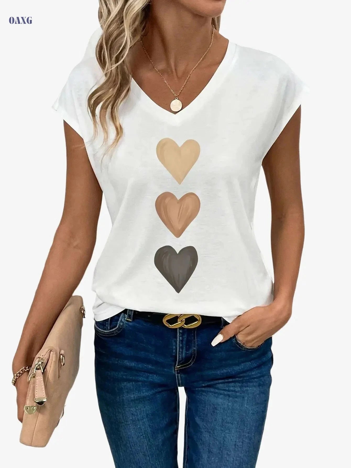 Elegant V Neck Heart Print Top - Casual Cap Sleeve for Women   OAXG 