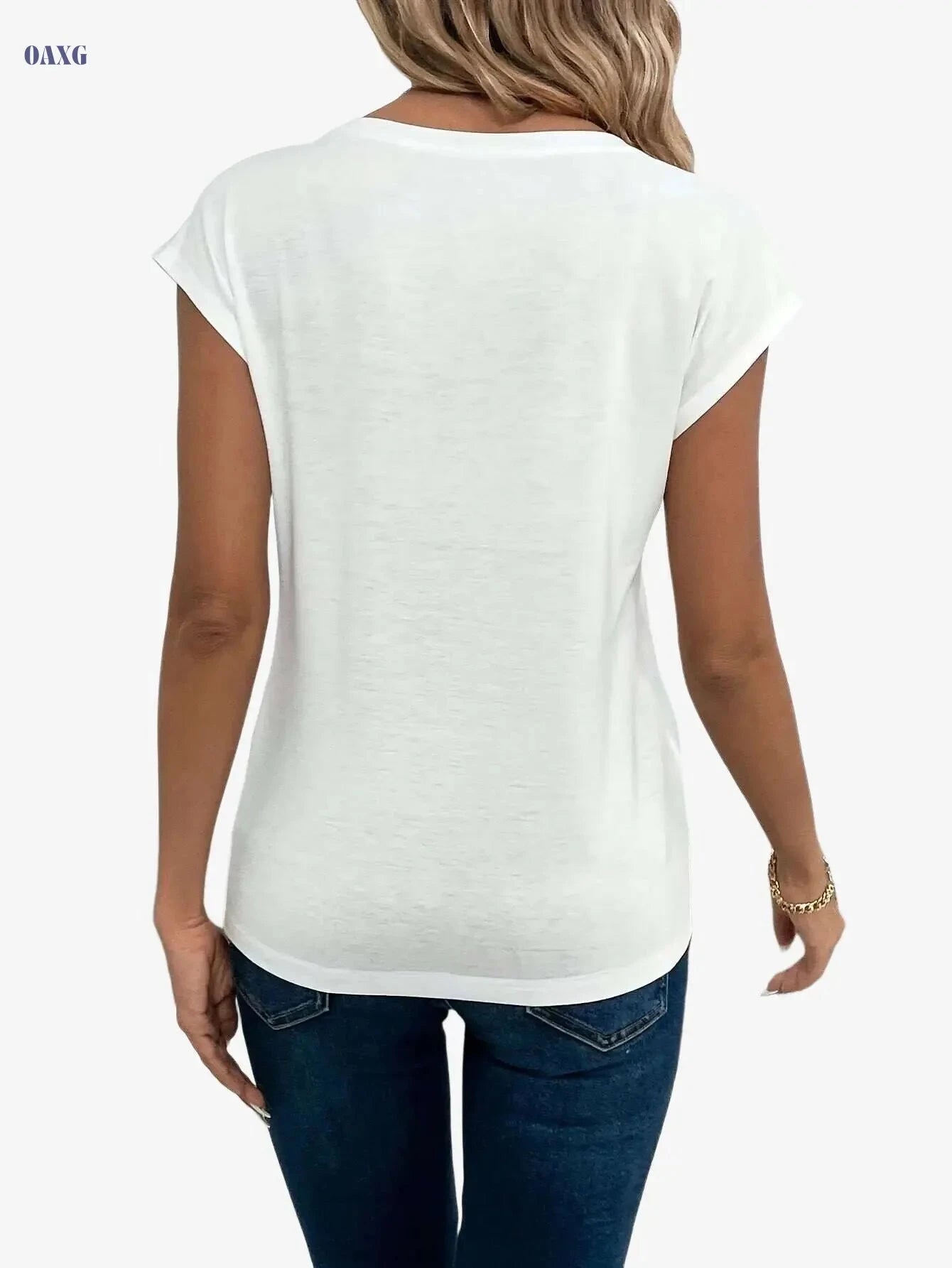 Elegant V Neck Heart Print Top - Casual Cap Sleeve for Women   OAXG 
