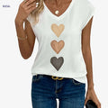 Elegant V Neck Heart Print Top - Casual Cap Sleeve for Women   OAXG White / S