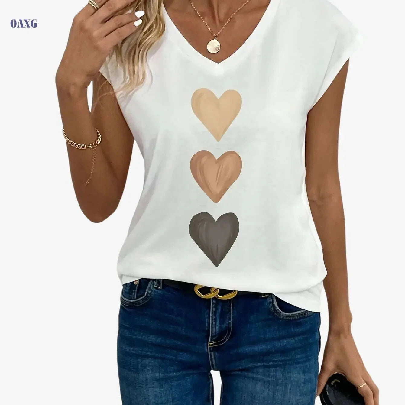 Elegant V Neck Heart Print Top - Casual Cap Sleeve for Women   OAXG White / S