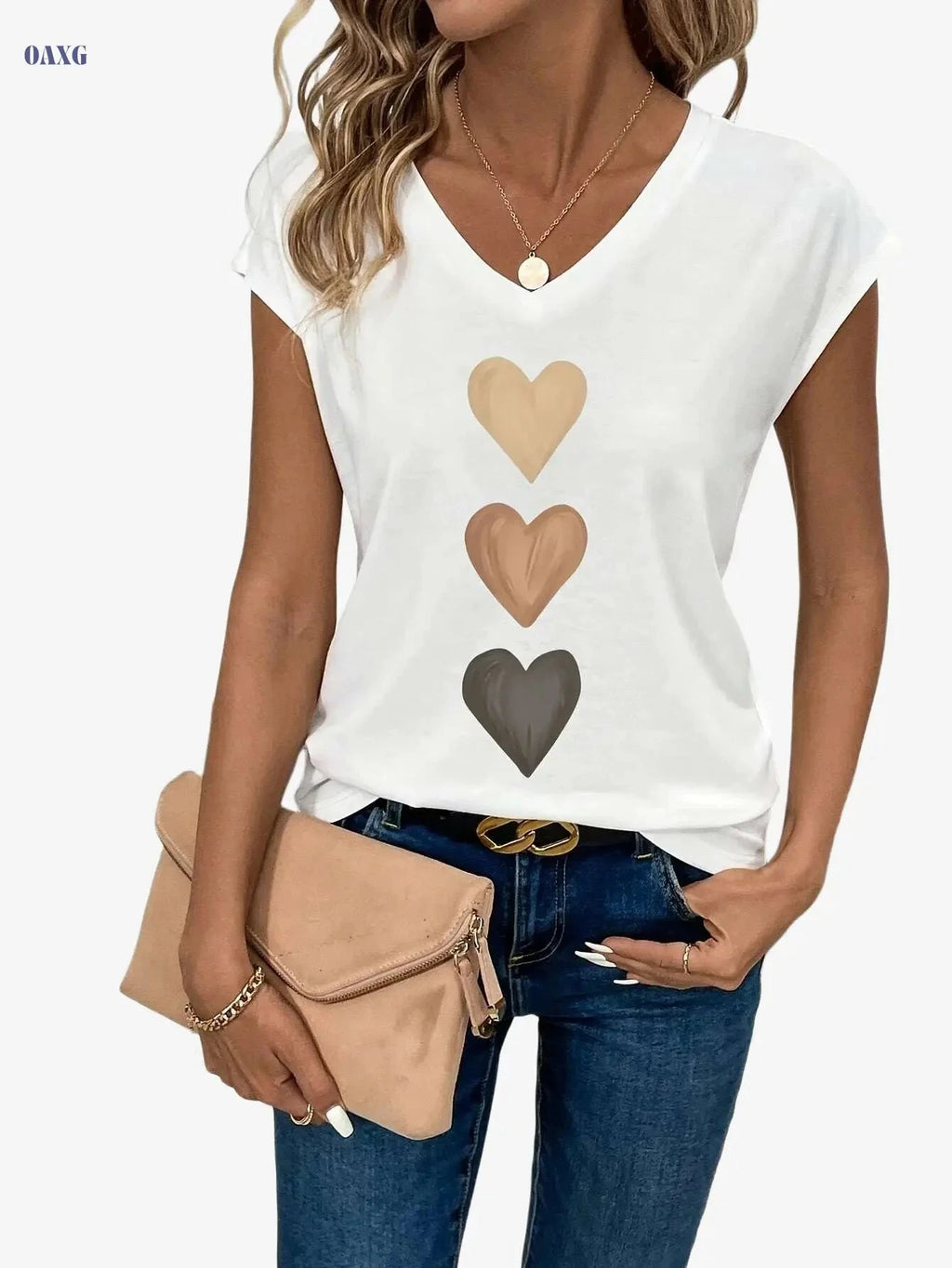 Elegant V Neck Heart Print Top - Casual Cap Sleeve for Women   OAXG White / S