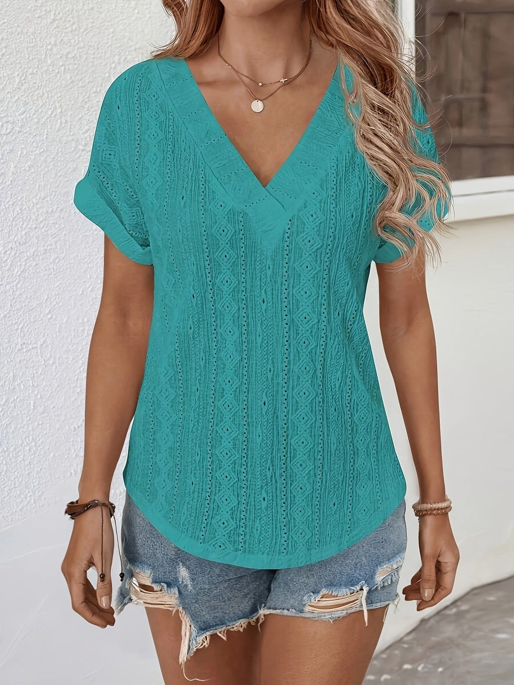 Elegant V-neck Hollow-out Shirt | Summer Short-sleeve Top, Solid Color, Suitable for Spring/Summer/Fall   OAXG Black / S