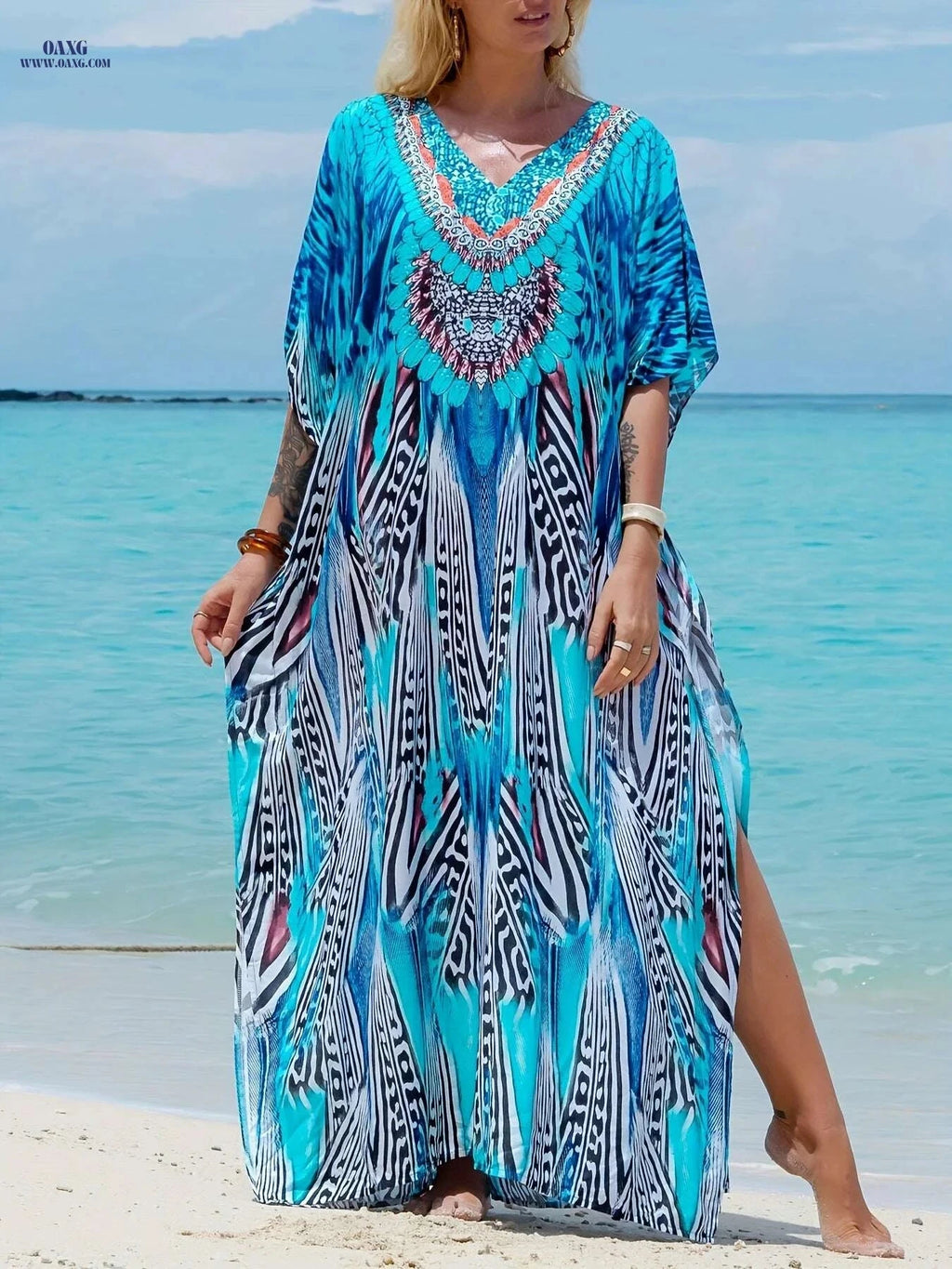 Elegant V-Neck Kaftan Dress - Batwing Sleeves, Maxi Length for Occasions   OAXG 