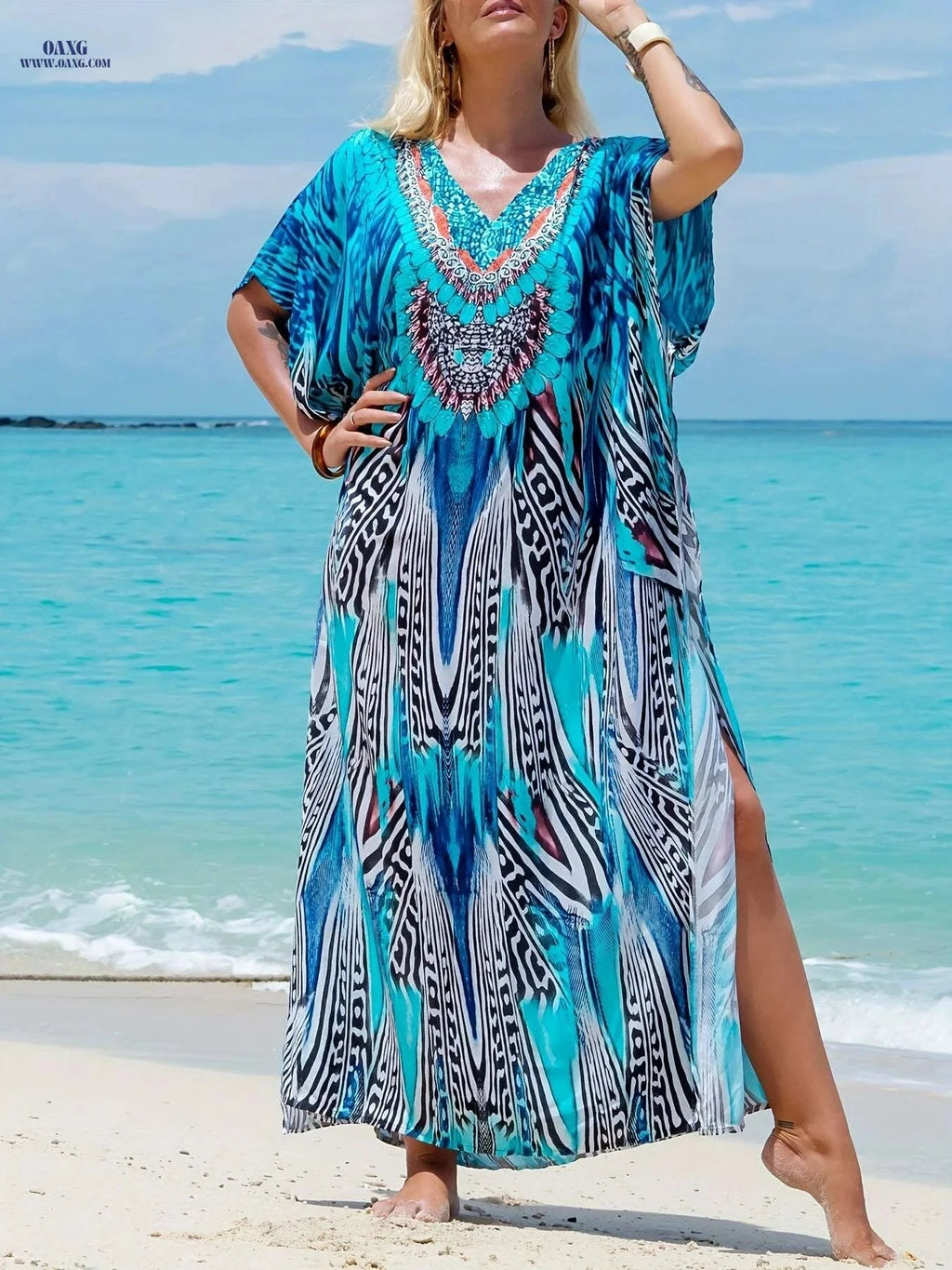 Elegant V-Neck Kaftan Dress - Batwing Sleeves, Maxi Length for Occasions   OAXG 