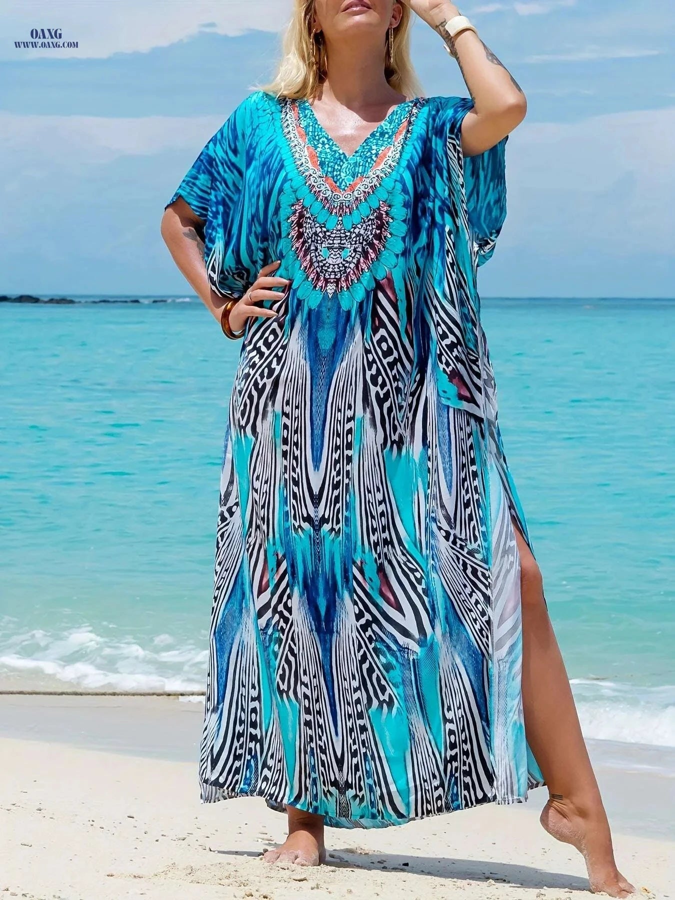 Elegant V-Neck Kaftan Dress - Batwing Sleeves, Maxi Length for Occasions   OAXG 