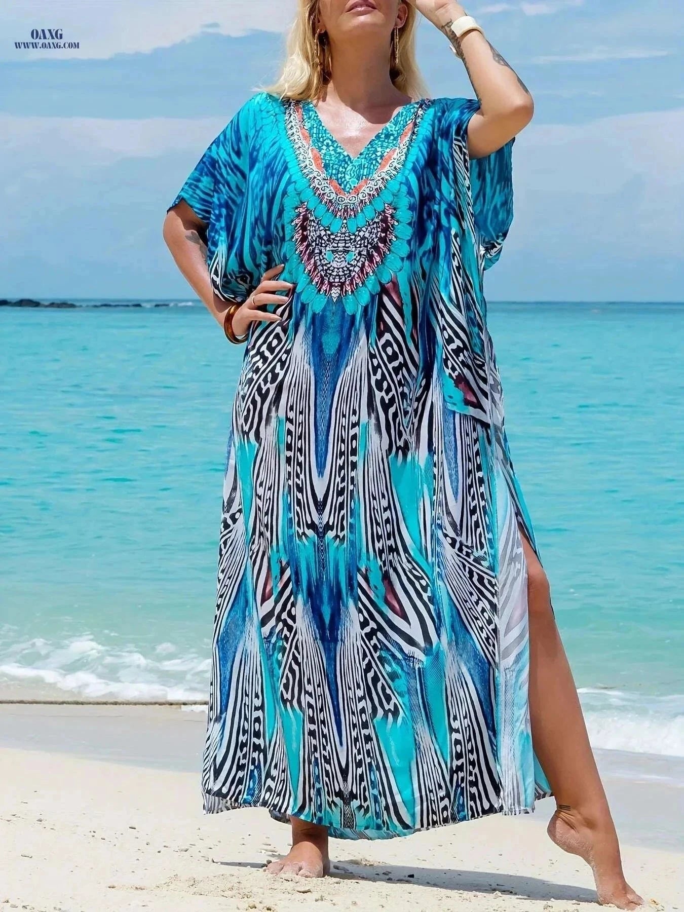 Elegant V-Neck Kaftan Dress - Batwing Sleeves, Maxi Length for Occasions   OAXG Sky Blue / One-size