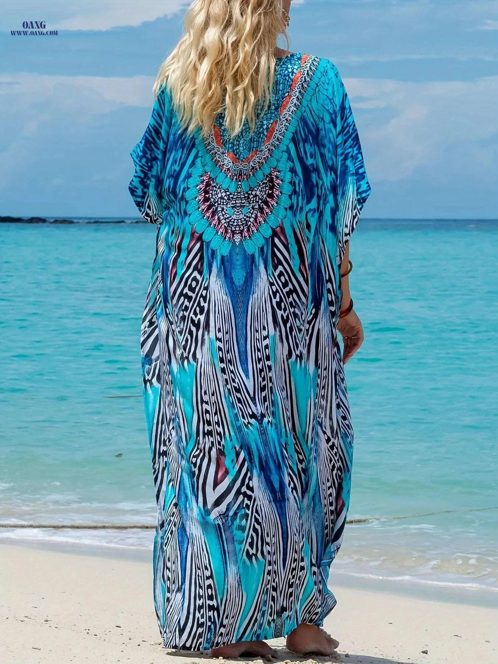 Elegant V-Neck Kaftan Dress - Batwing Sleeves, Maxi Length for Occasions   OAXG Sky Blue / One-size