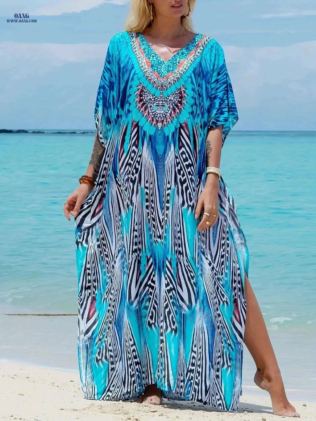 Elegant V-Neck Kaftan Dress - Batwing Sleeves, Maxi Length for Occasions   OAXG Sky Blue / One-size