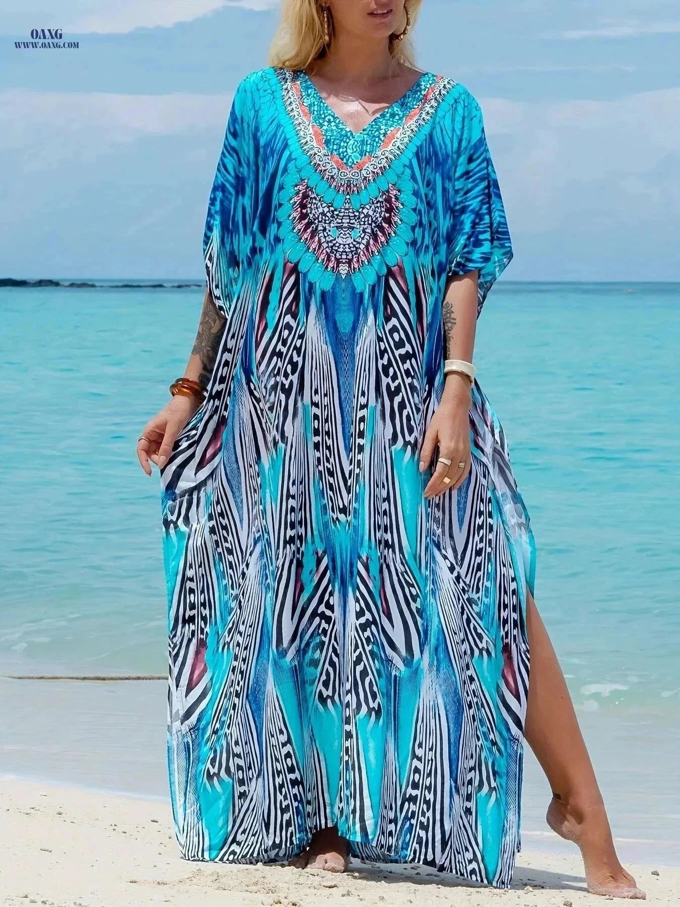 Elegant V-Neck Kaftan Dress - Batwing Sleeves, Maxi Length for Occasions   OAXG Sky Blue / One-size