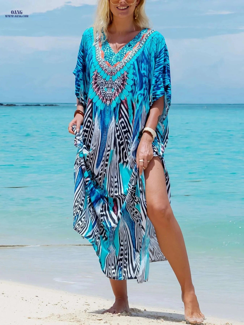Elegant V-Neck Kaftan Dress - Batwing Sleeves, Maxi Length for Occasions   OAXG Sky Blue / One-size