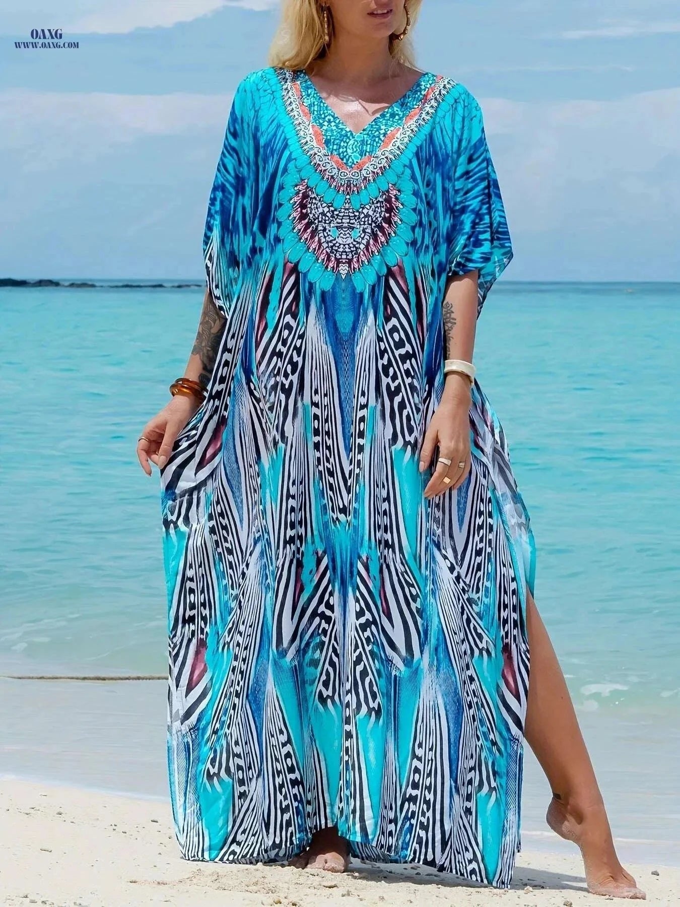 Elegant V-Neck Kaftan Dress - Batwing Sleeves, Maxi Length for Occasions   OAXG Sky Blue / One-size