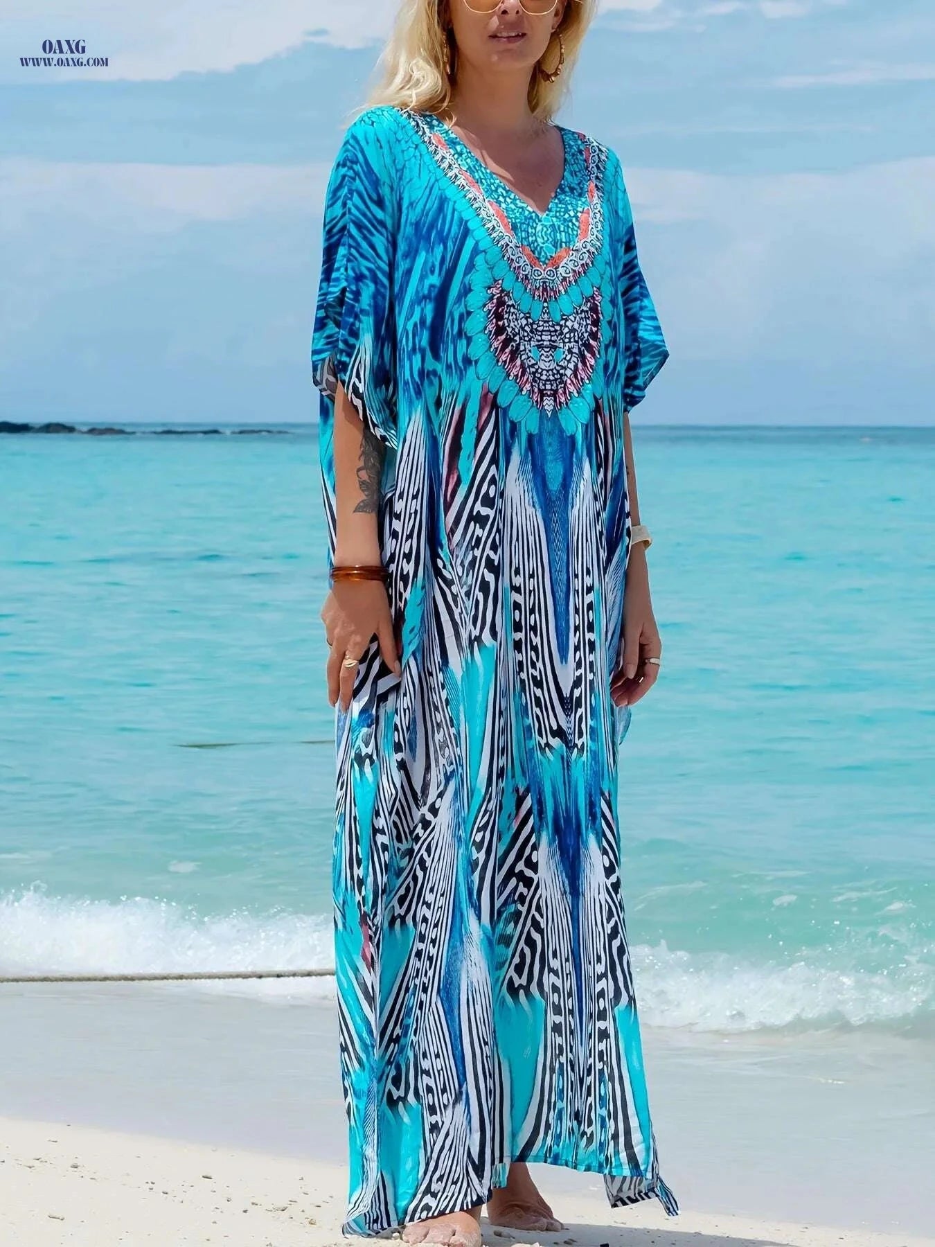 Elegant V-Neck Kaftan Dress - Batwing Sleeves, Maxi Length for Occasions   OAXG 