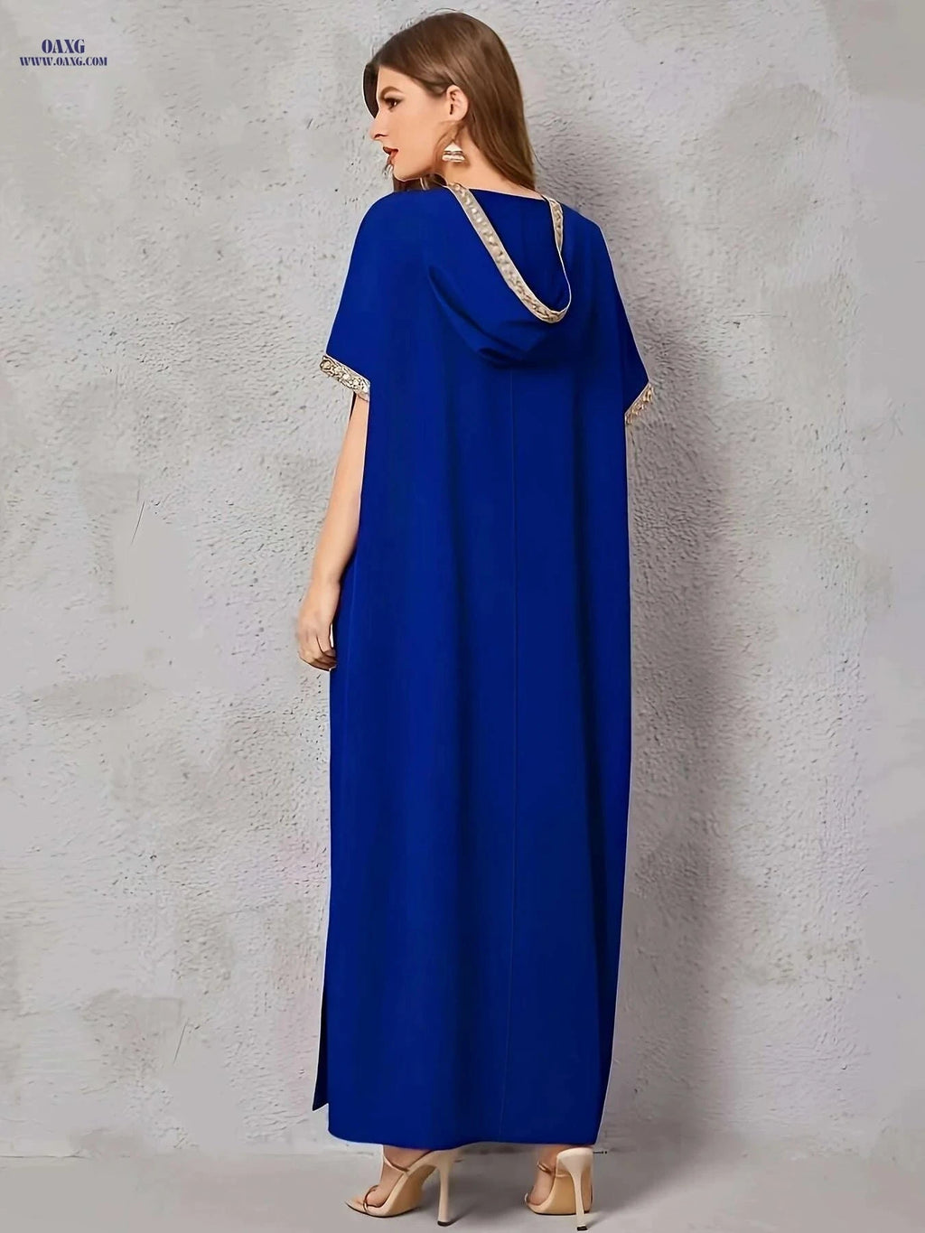 Elegant V-Neck Kaftan Dress - Loose Fit, Batwing Sleeves, Split Hem   OAXG 