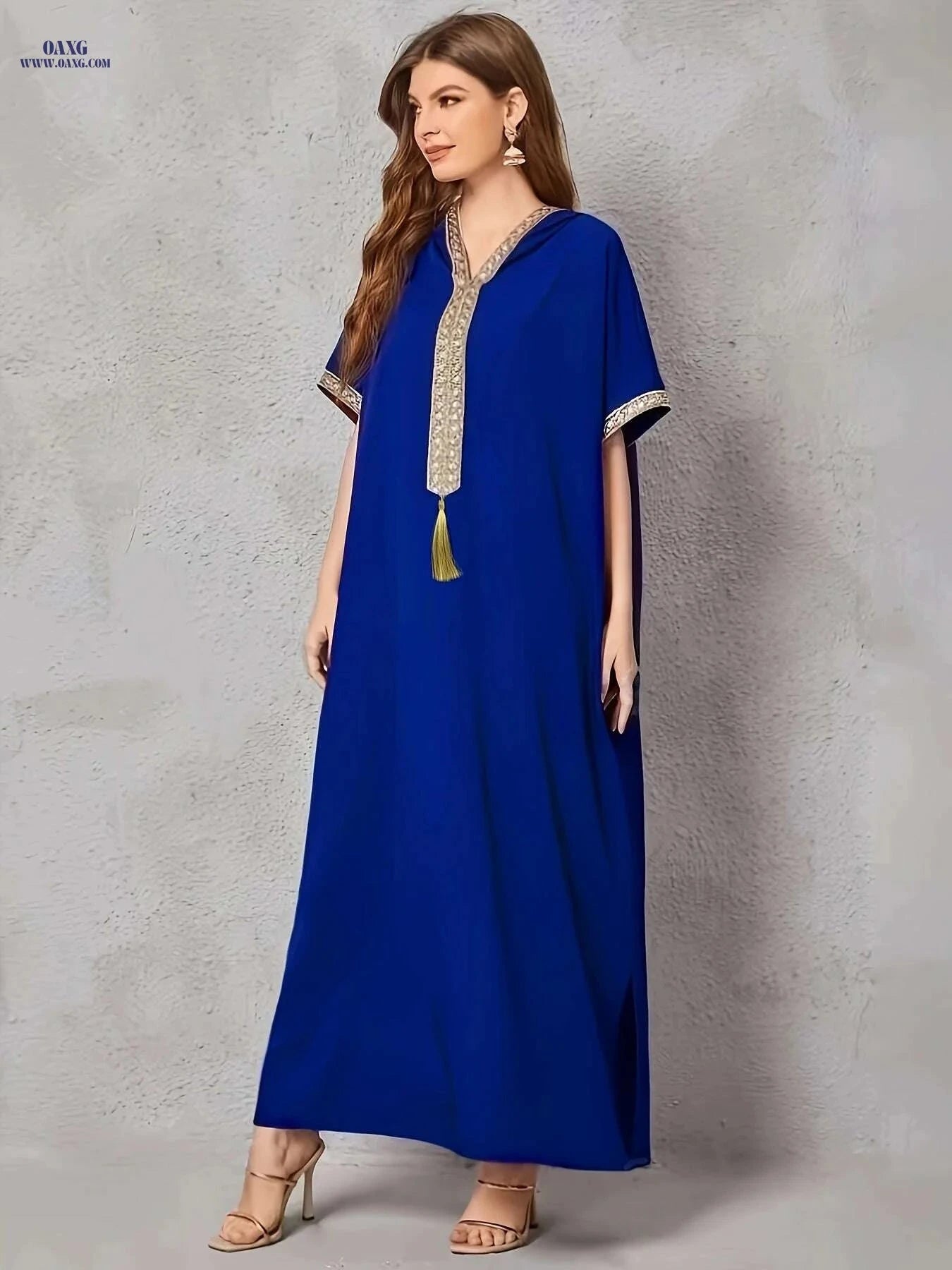 Elegant V-Neck Kaftan Dress - Loose Fit, Batwing Sleeves, Split Hem   OAXG 