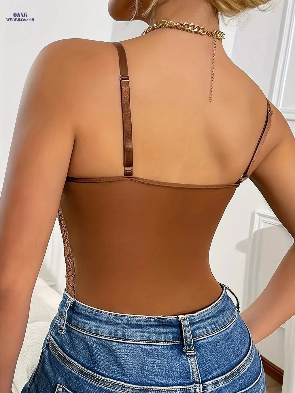 Elegant V-Neck Lace Bodysuit - Semi-Transparent Fitted Lingerie   OAXG 