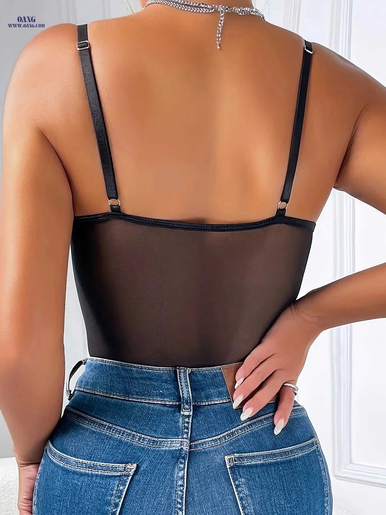 Elegant V-Neck Lace Bodysuit - Semi-Transparent Fitted Lingerie   OAXG 