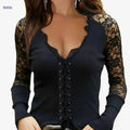 Elegant V Neck Lace Long Sleeve Blouse - Gothic Casual Top   OAXG Black / S