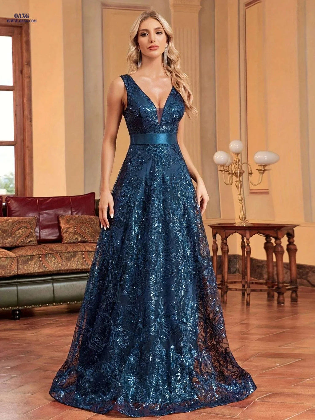 Elegant V-Neck Maxi Dress - Sleeveless Sequin Floral Evening Gown   OAXG 