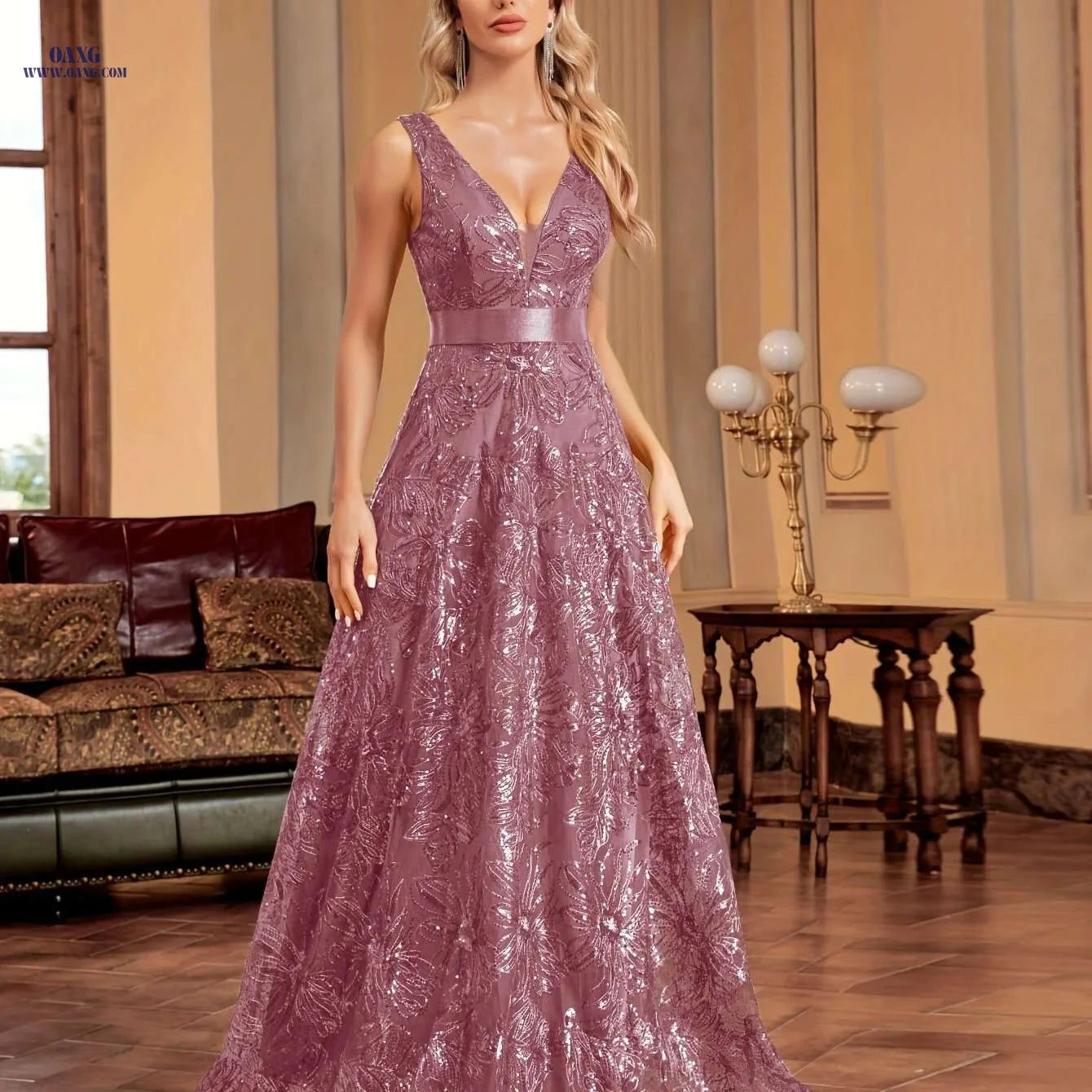 Elegant V-Neck Maxi Dress - Sleeveless Sequin Floral Evening Gown   OAXG 