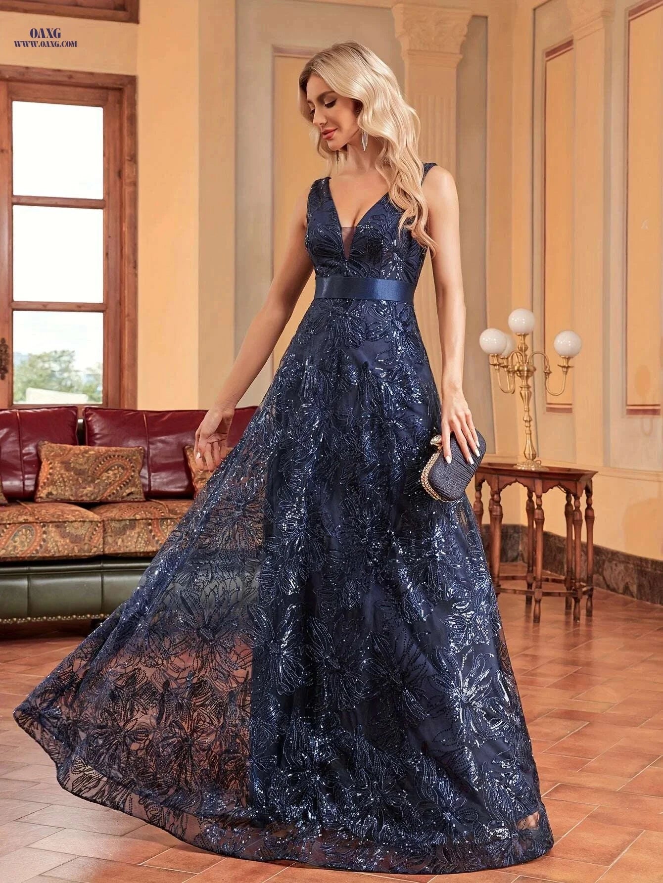 Elegant V-Neck Maxi Dress - Sleeveless Sequin Floral Evening Gown   OAXG 