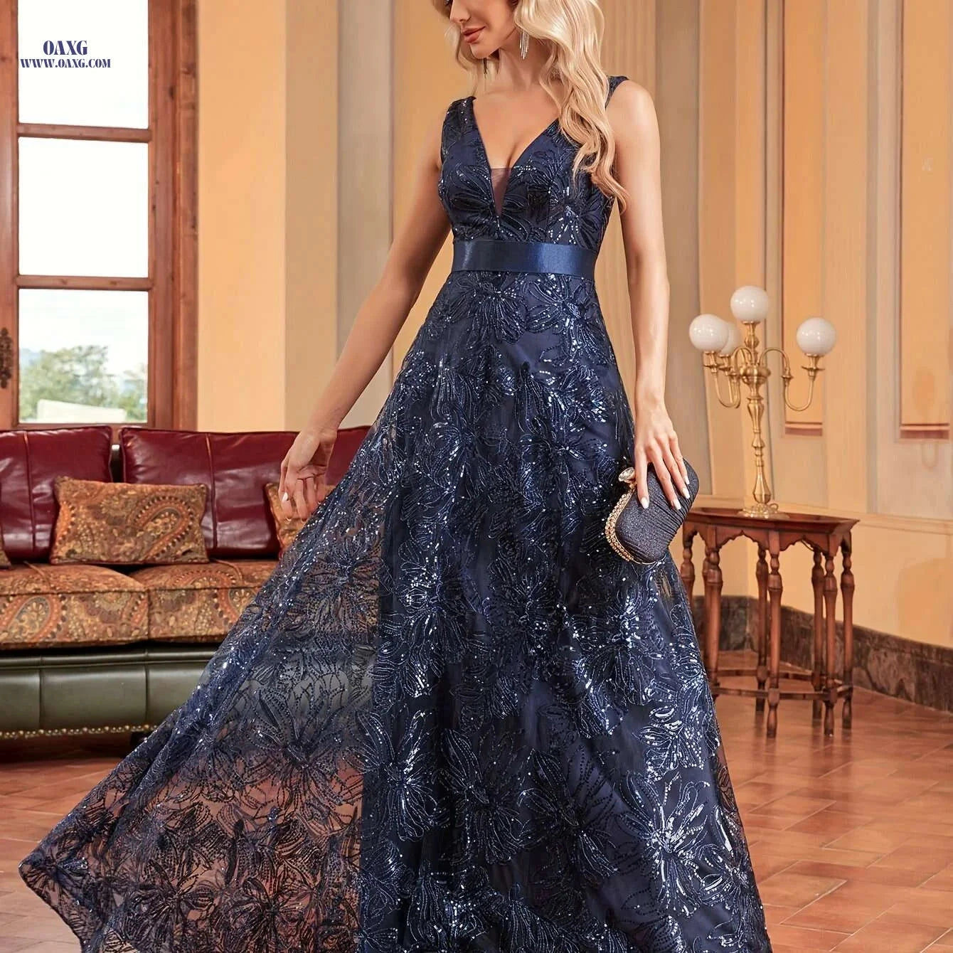 Elegant V-Neck Maxi Dress - Sleeveless Sequin Floral Evening Gown   OAXG Black / S