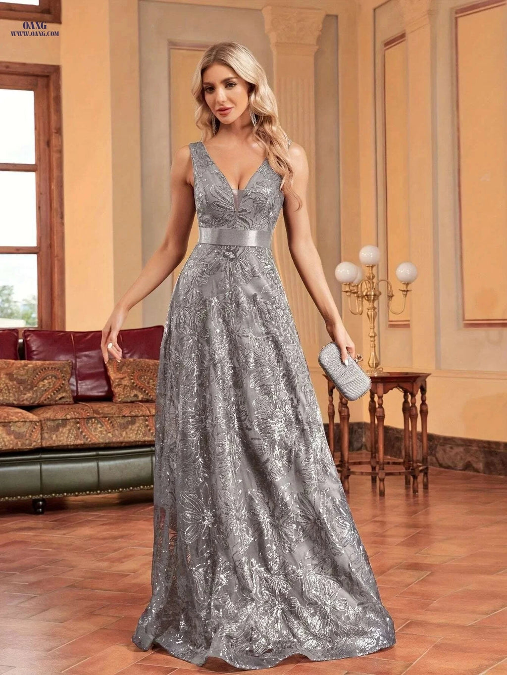 Elegant V-Neck Maxi Dress - Sleeveless Sequin Floral Evening Gown   OAXG Black / S